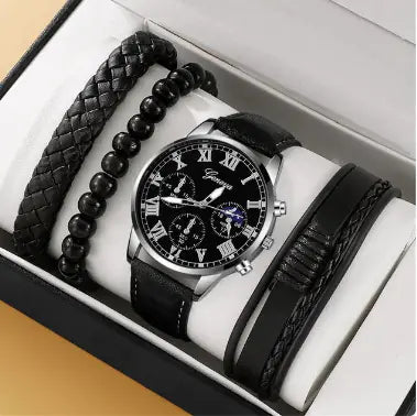 4pcs Men's Watch Set with Cool Quartz and Beaded Bracelet
