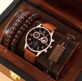 4pcs Men's Watch Set with Cool Quartz and Beaded Bracelet