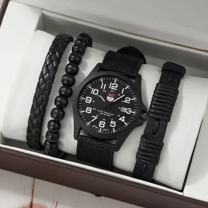 4pcs Men's Watch Set with Cool Quartz and Beaded Bracelet