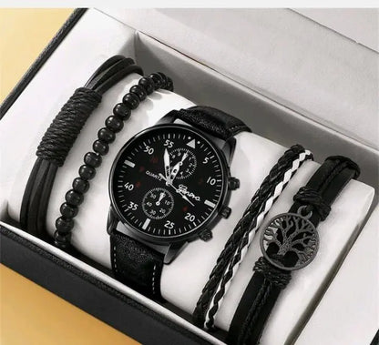 4pcs Men's Watch Set with Cool Quartz and Beaded Bracelet