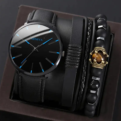 4pcs Men's Watch Set with Cool Quartz and Beaded Bracelet