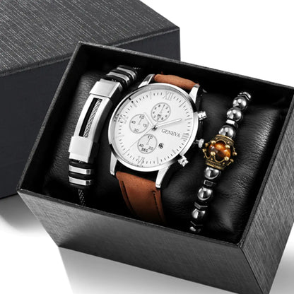 4pcs Men's Watch Set with Cool Quartz and Beaded Bracelet