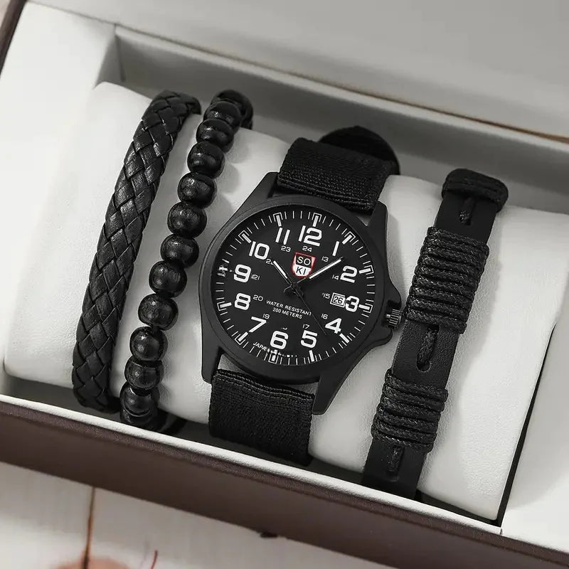4pcs Men's Watch Set with Cool Quartz and Beaded Bracelet