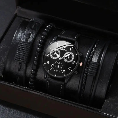 4pcs Men's Watch Set with Cool Quartz and Beaded Bracelet