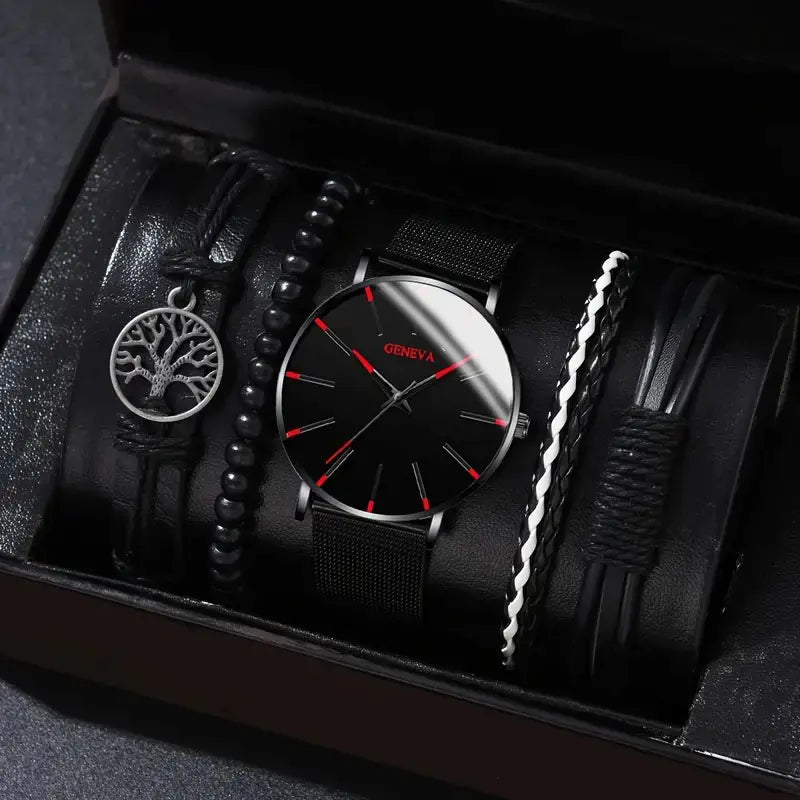 Men's Stylish Minimalist Quartz Watch with Beaded Bracelet