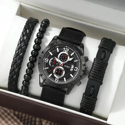 4pcs Men's Watch Set with Cool Quartz and Beaded Bracelet
