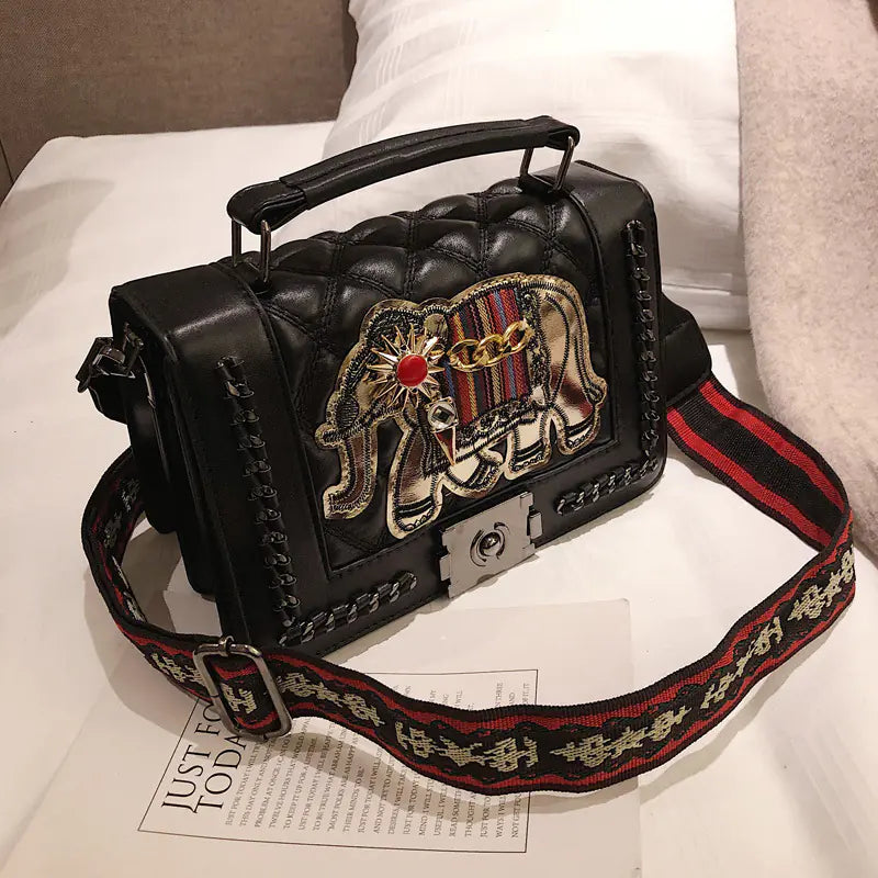 Embroidered Elephant Shoulder Bag with Wide Strap