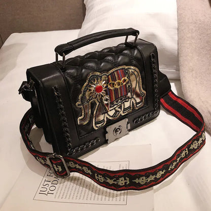 Embroidered Elephant Shoulder Bag with Wide Strap