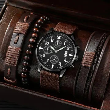 Men's Stylish Minimalist Quartz Watch with Beaded Bracelet