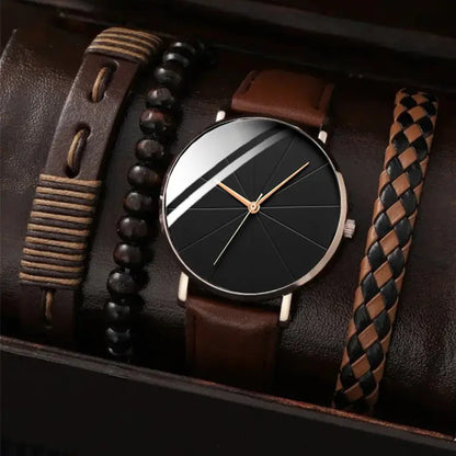 4pcs Men's Watch Set with Cool Quartz and Beaded Bracelet