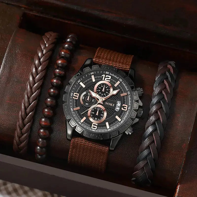 4pcs Men's Watch Set with Cool Quartz and Beaded Bracelet