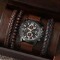 4pcs Men's Watch Set with Cool Quartz and Beaded Bracelet