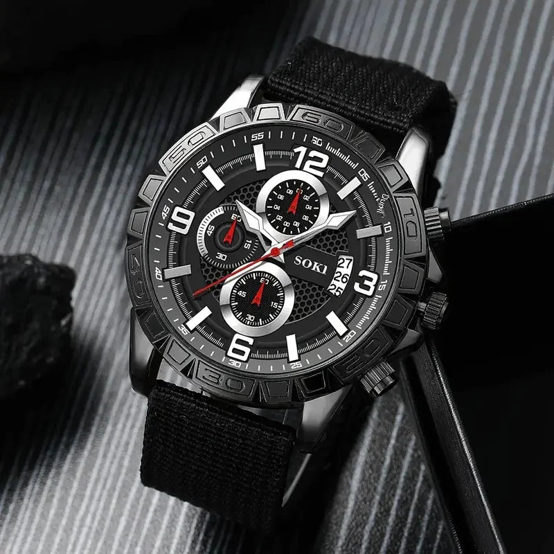 4pcs Men's Watch Set with Cool Quartz and Beaded Bracelet