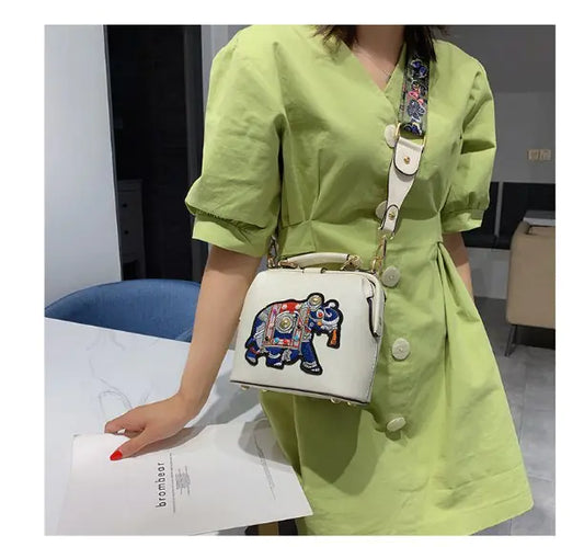 Embroidered Elephant Shoulder Bag with Wide Strap