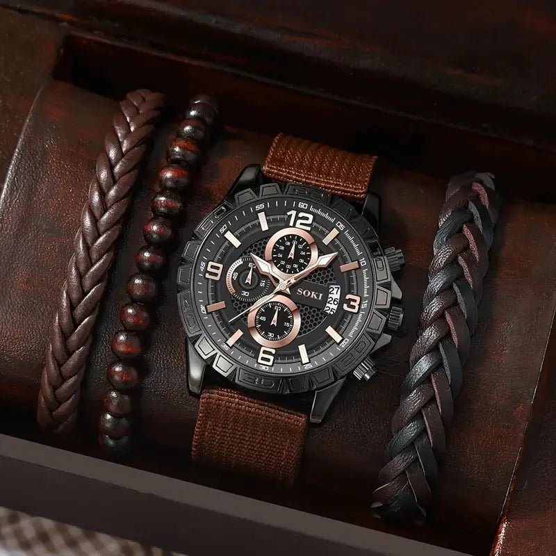 4pcs Men's Watch Set with Cool Quartz and Beaded Bracelet