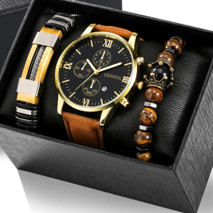 4pcs Men's Watch Set with Cool Quartz and Beaded Bracelet