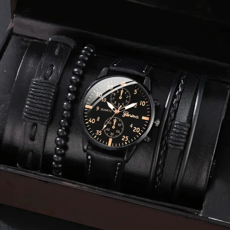 Men's Stylish Minimalist Quartz Watch with Beaded Bracelet
