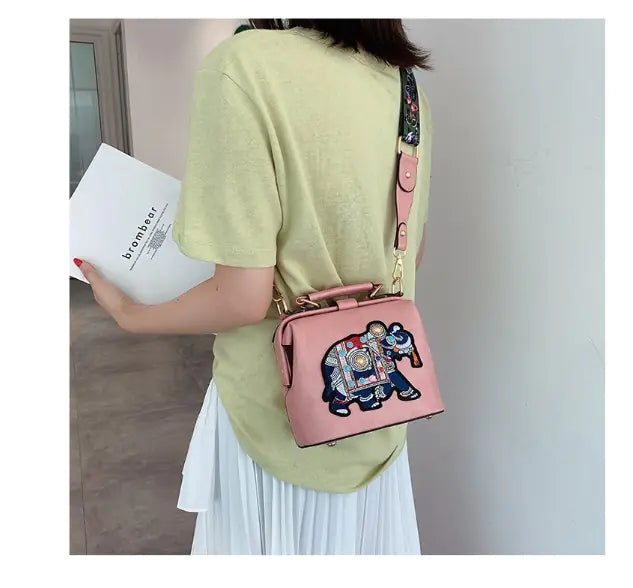 Embroidered Elephant Shoulder Bag with Wide Strap