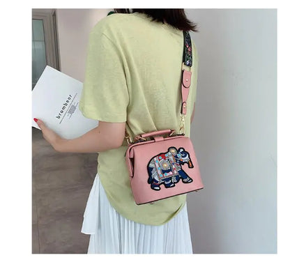 Embroidered Elephant Shoulder Bag with Wide Strap
