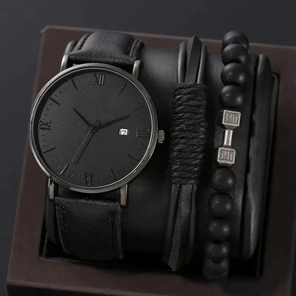 4pcs Men's Watch Set with Cool Quartz and Beaded Bracelet