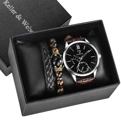 4pcs Men's Watch Set with Cool Quartz and Beaded Bracelet