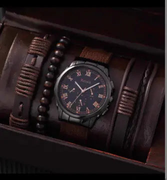Men's Stylish Minimalist Quartz Watch with Beaded Bracelet