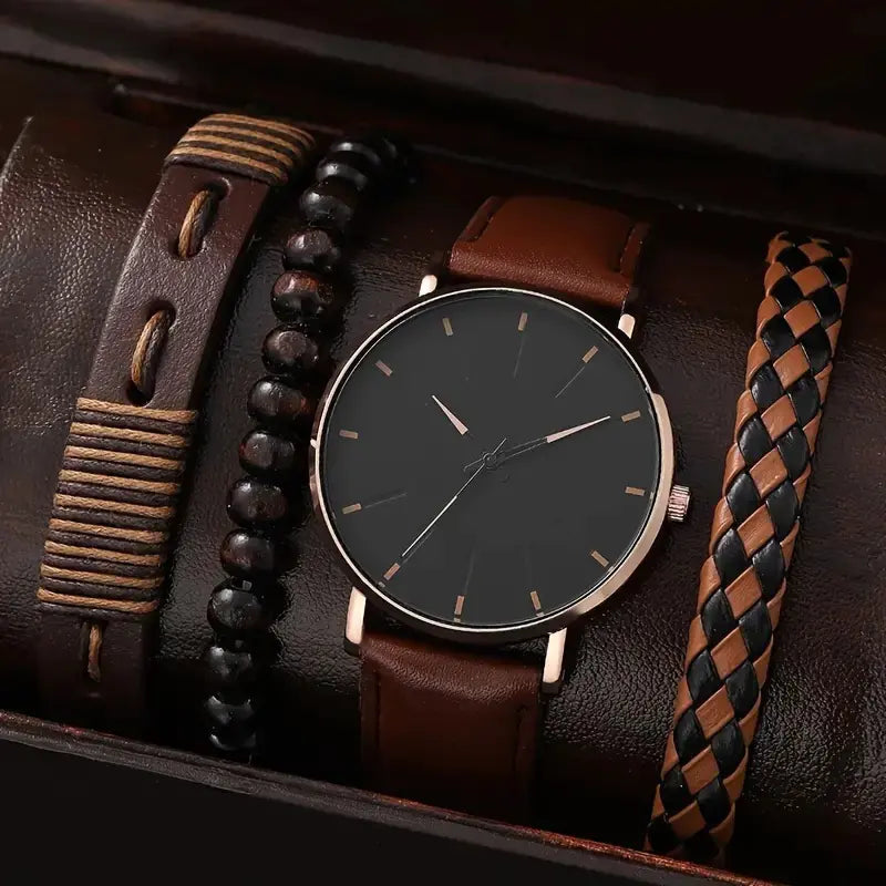 4pcs Men's Watch Set with Cool Quartz and Beaded Bracelet
