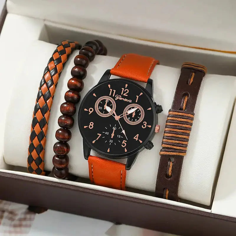 4pcs Men's Watch Set with Cool Quartz and Beaded Bracelet