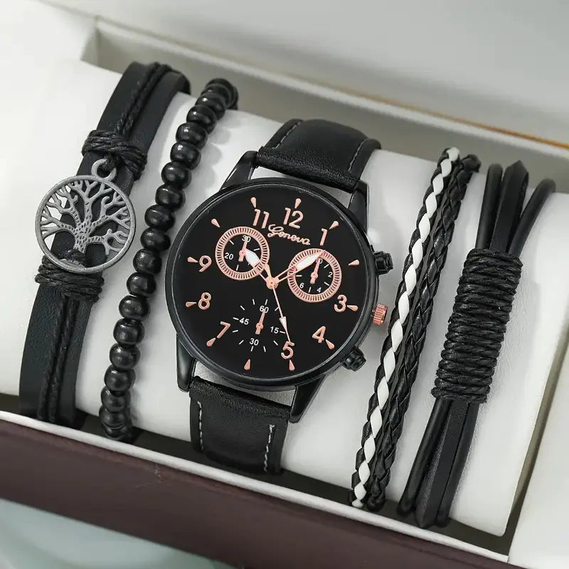 4pcs Men's Watch Set with Cool Quartz and Beaded Bracelet