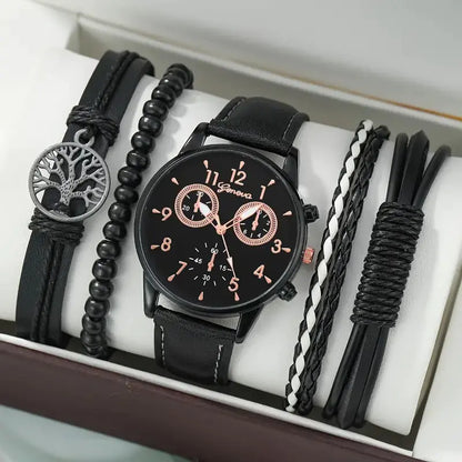 4pcs Men's Watch Set with Cool Quartz and Beaded Bracelet