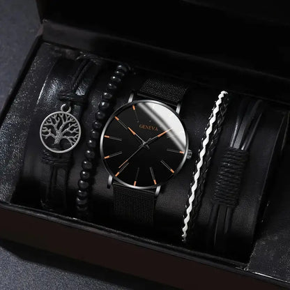 Men's Stylish Minimalist Quartz Watch with Beaded Bracelet
