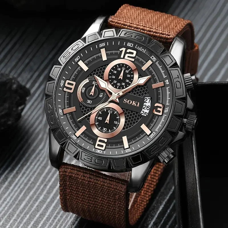 4pcs Men's Watch Set with Cool Quartz and Beaded Bracelet