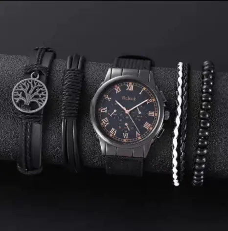 Men's Stylish Minimalist Quartz Watch with Beaded Bracelet
