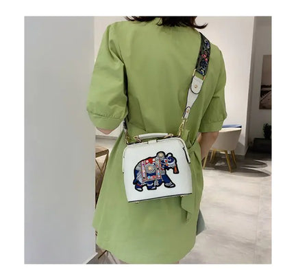 Embroidered Elephant Shoulder Bag with Wide Strap