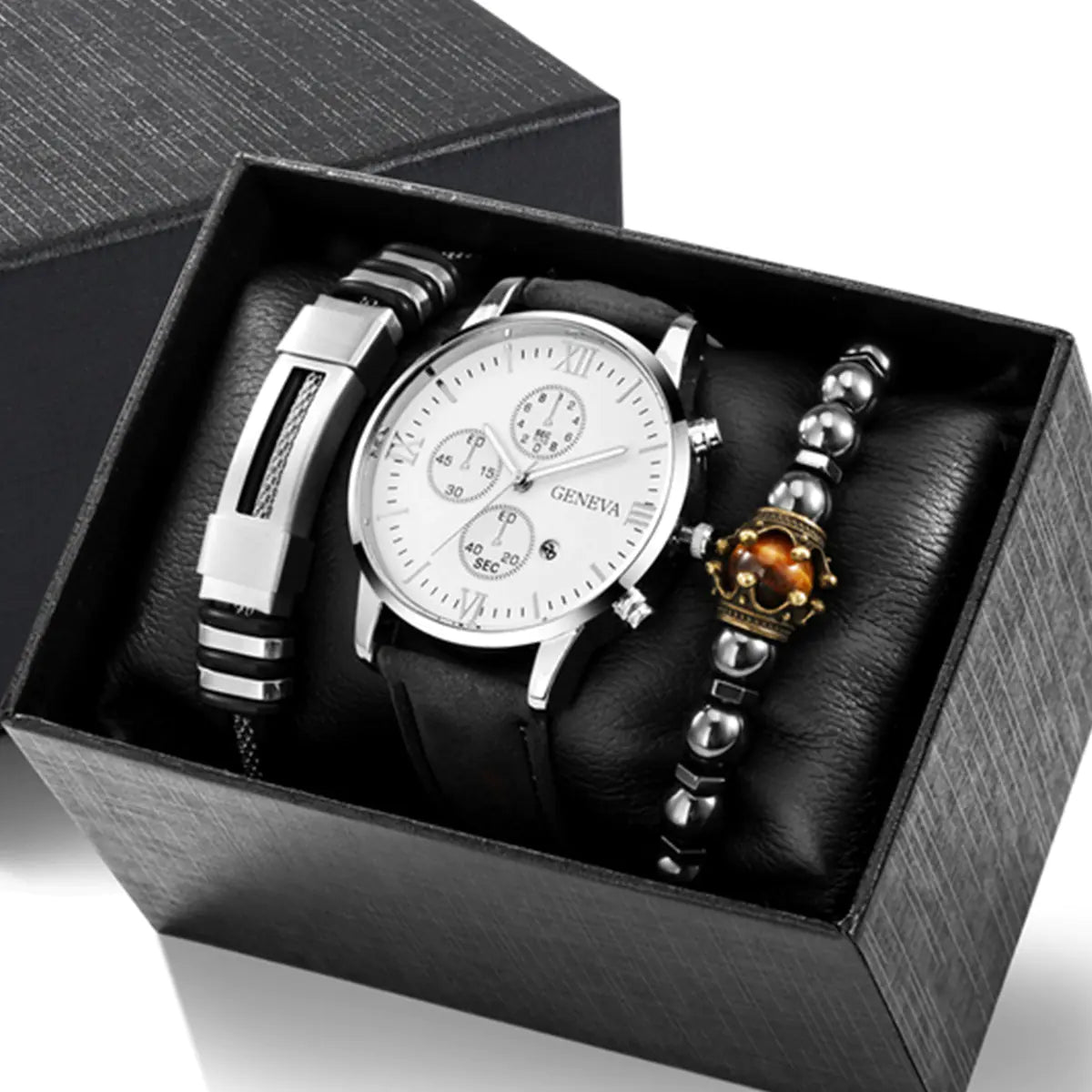 4pcs Men's Watch Set with Cool Quartz and Beaded Bracelet