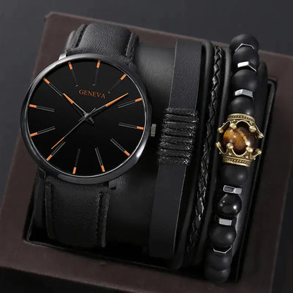 4pcs Men's Watch Set with Cool Quartz and Beaded Bracelet