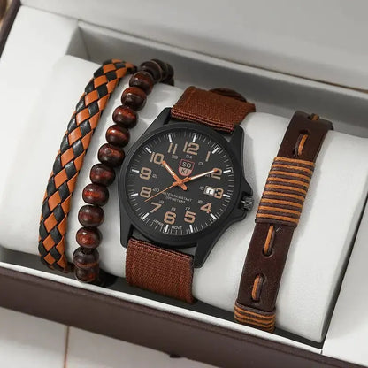 4pcs Men's Watch Set with Cool Quartz and Beaded Bracelet