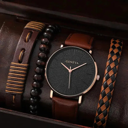 4pcs Men's Watch Set with Cool Quartz and Beaded Bracelet