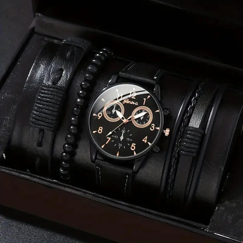 4pcs Men's Watch Set with Cool Quartz and Beaded Bracelet