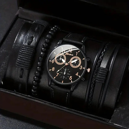 4pcs Men's Watch Set with Cool Quartz and Beaded Bracelet